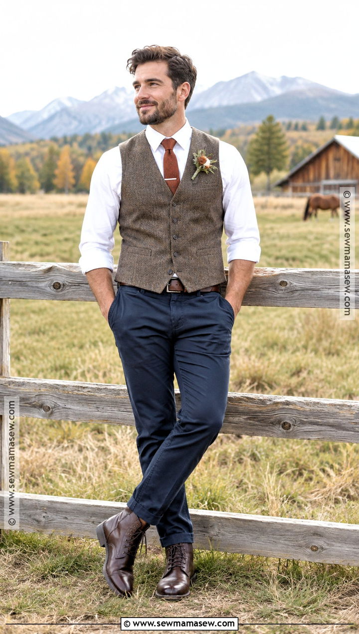 Tweed Vest With Chinos Groom Attire - 15 fall country wedding groom attire ideas