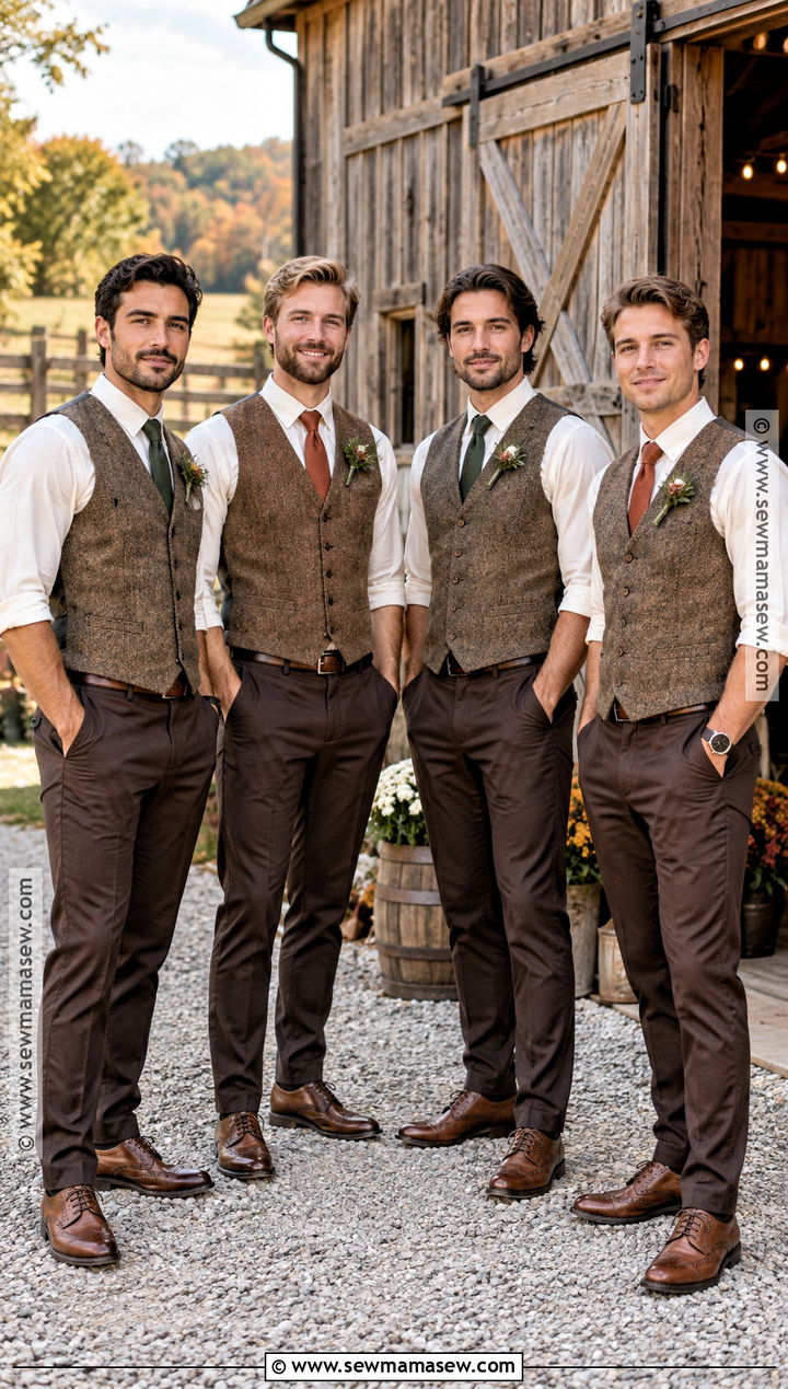 Tweed Vest With Dark Brown Trousers - 15 fall rustic groomsmen attire ideas
