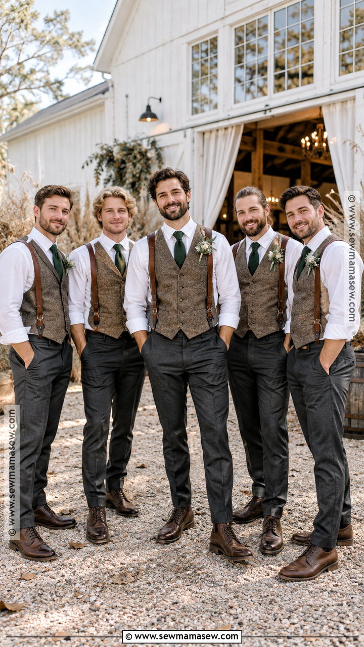 Tweed Vest With Suspenders And Trousers - 20 groomsmen fall wedding attire ideas
