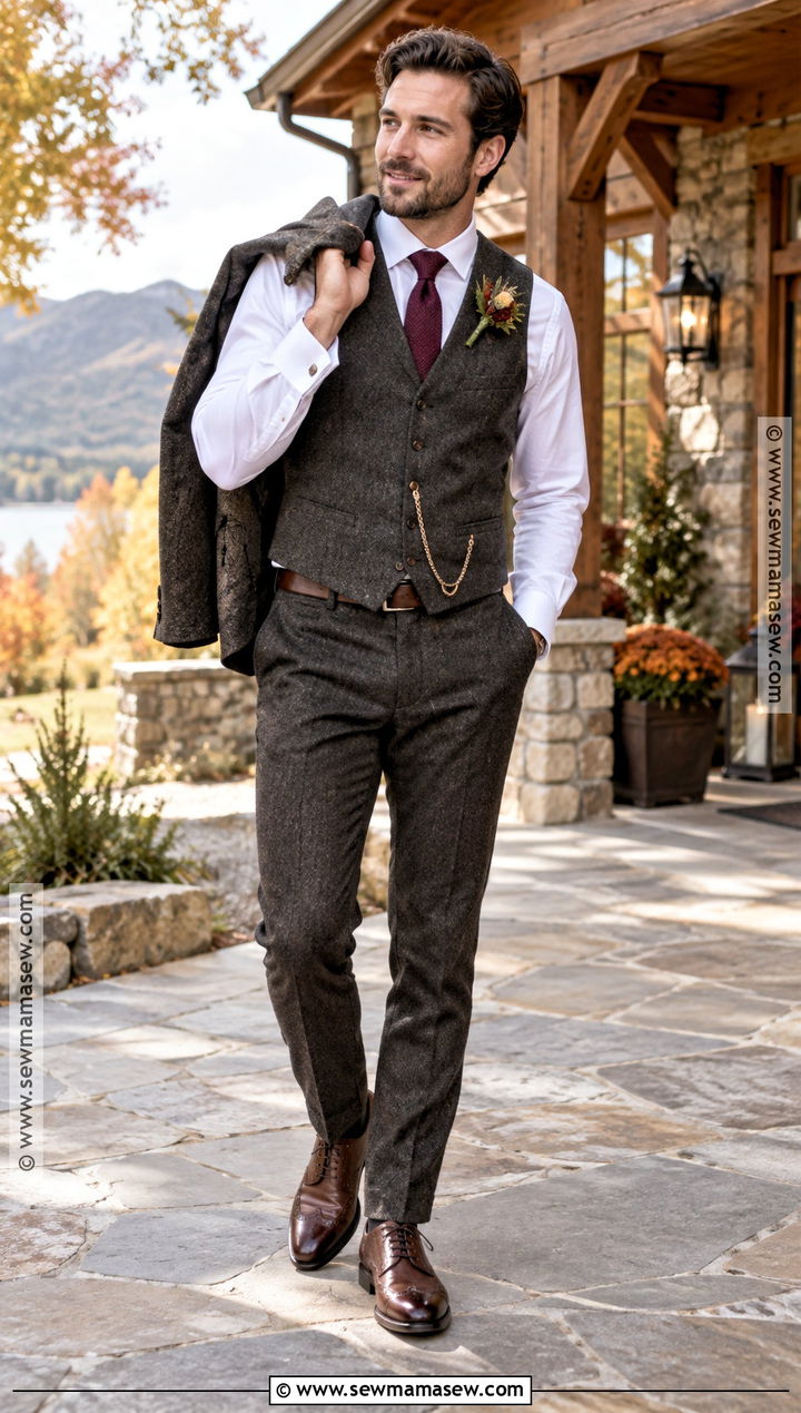 Tweed Vest and Dark Trouser Groom Outfit - 15 fall mens wedding attire groom style ideas