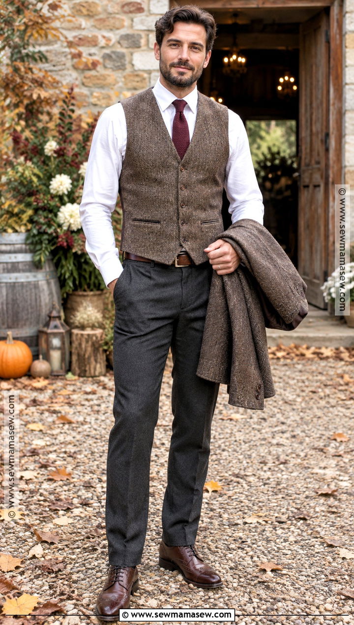Tweed Waistcoat And Wool Trousers Fall Wedding Guest Outfit - 20 mens fall wedding attire guest ideas