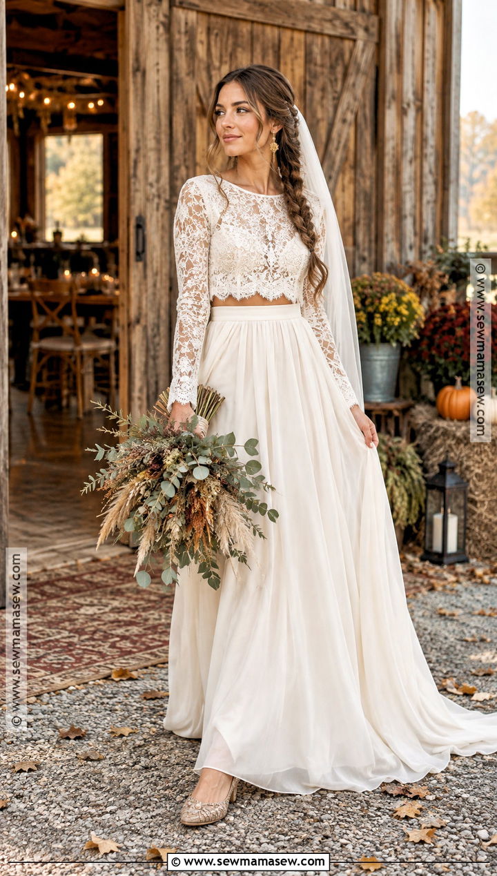 Two Piece Boho Long Sleeve Wedding Dress - 15 boho fall wedding dress long sleeve ideas