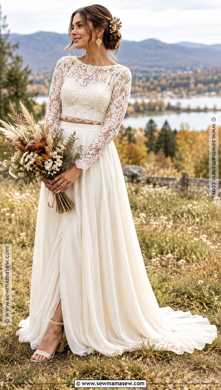 Two Piece Lace Boho Wedding Dress - 20 boho fall wedding dress ideas
