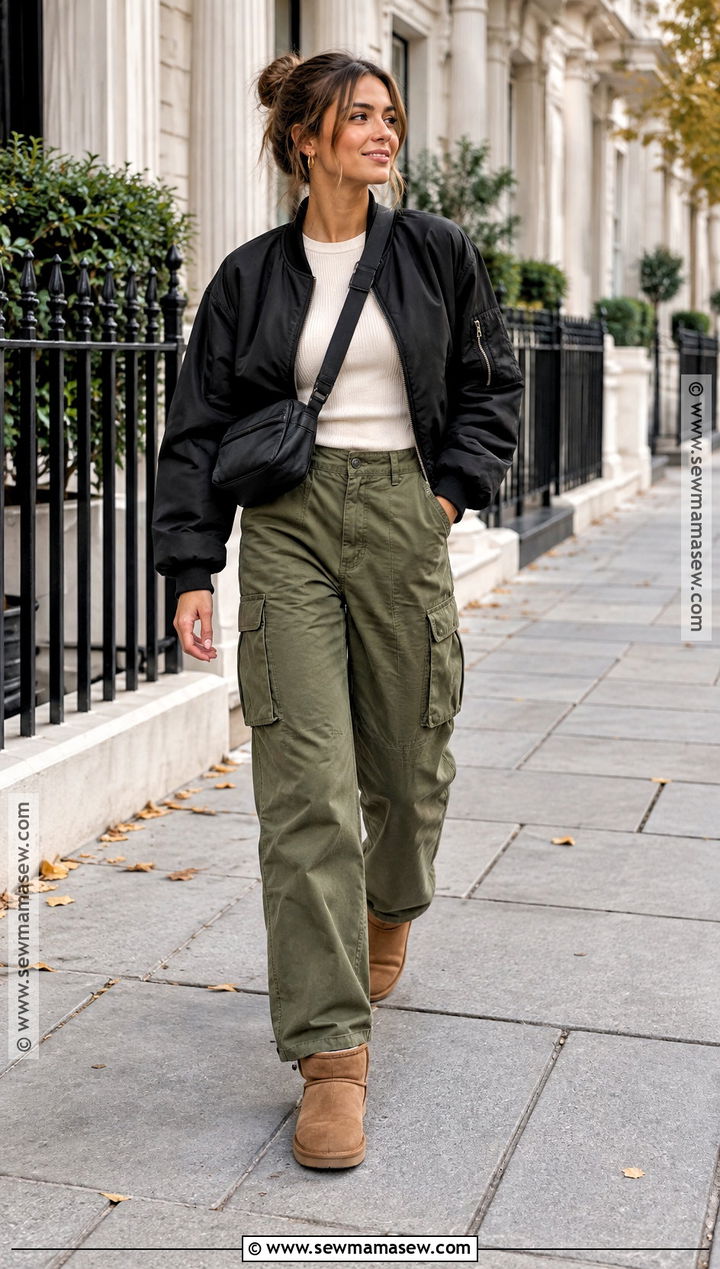 UGG Boots With Cargo Pants and Bomber Jacket - 15 ugg boots fall outfits