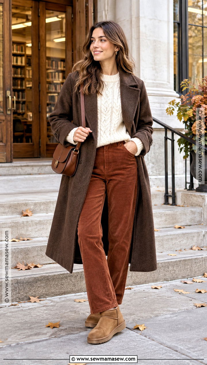UGG Boots With Corduroy Pants And Cable Knit Sweater - 20 Ugh Boots Outfit Fall