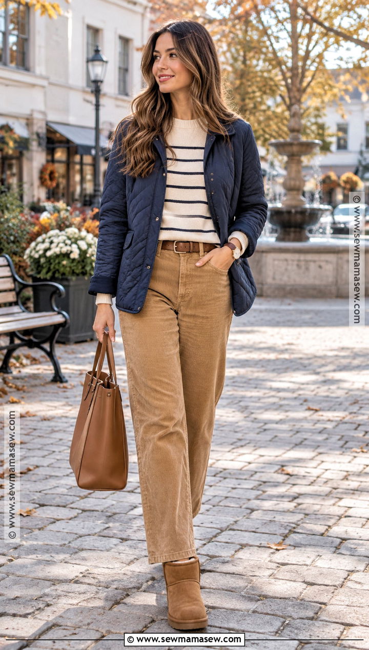 UGG Boots With Corduroy Pants And Striped Sweater - 20 ugg autumn outfit ideas