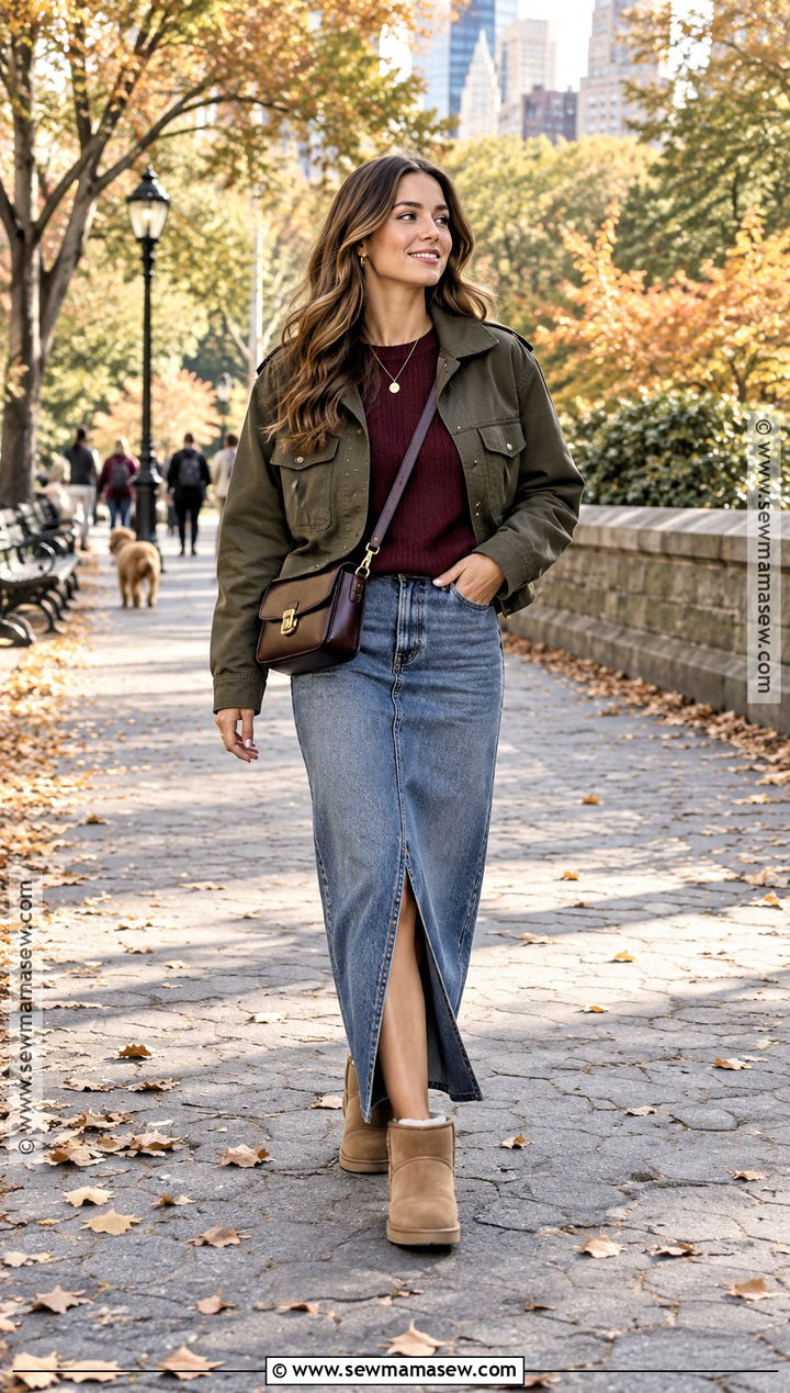 UGG Boots With Denim Maxi Skirt And Crewneck Sweater - 20 Ugh Boots Outfit Fall