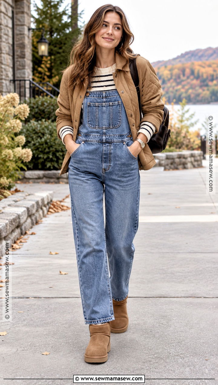 UGG Boots With Denim Overalls And Striped Sweater - 20 Ugh Boots Outfit Fall