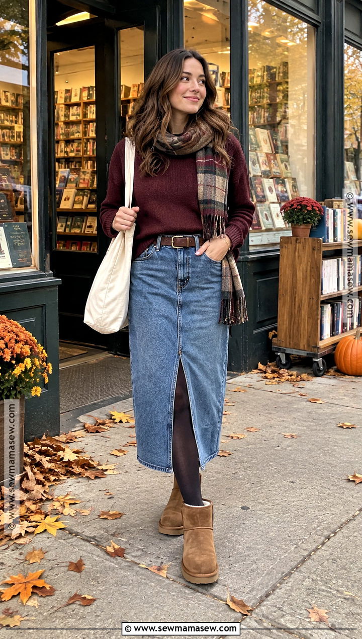 UGG Boots With Denim Skirt And Crewneck Sweater - 20 ugg autumn outfit ideas