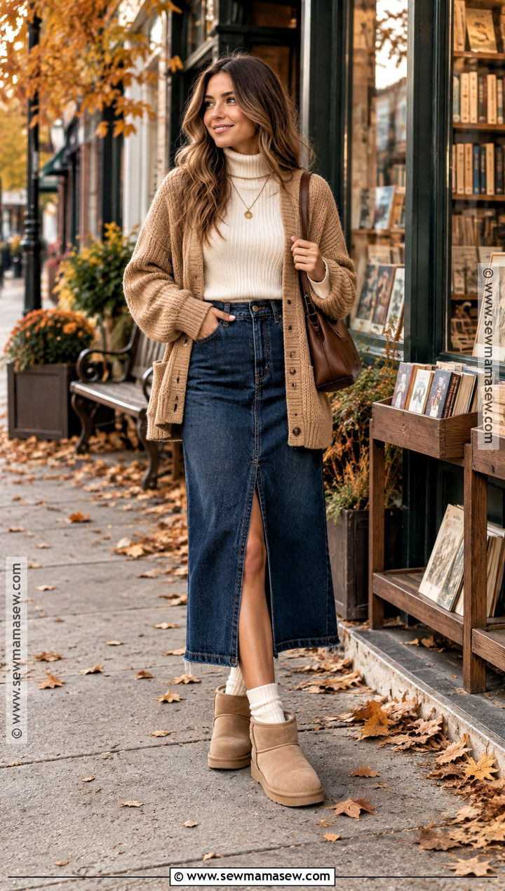 UGG Boots With Denim Skirt and Cardigan - 15 fall ugh outfits