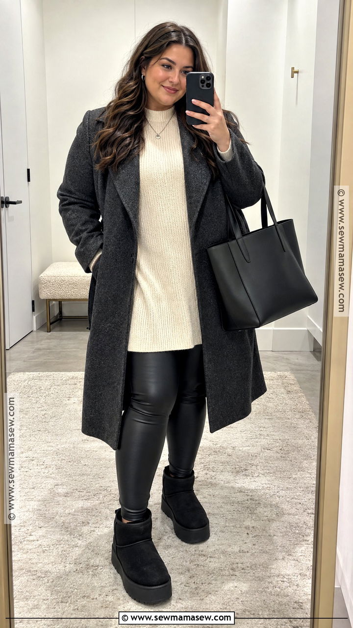 UGG Boots With Faux Leather Leggings And Wool Coat - 20 fall ugg outfits