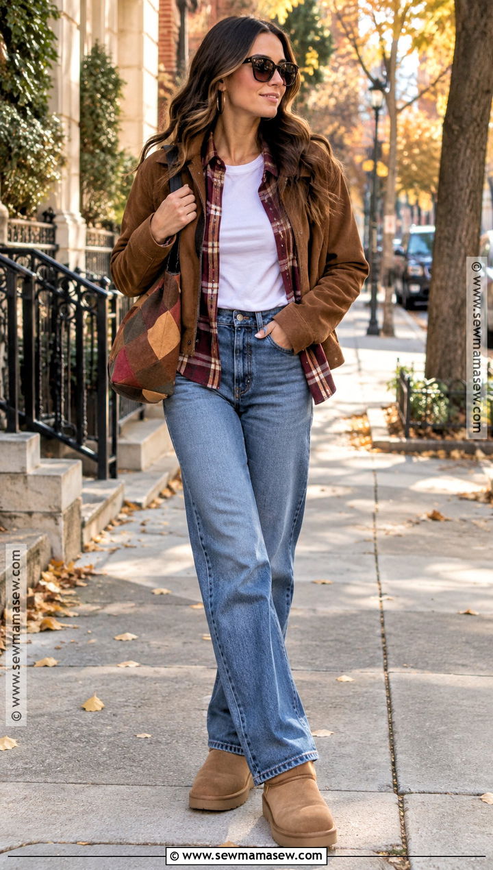 UGG Boots With Flannel Shirt and Suede Jacket - 15 ugg boots fall outfits
