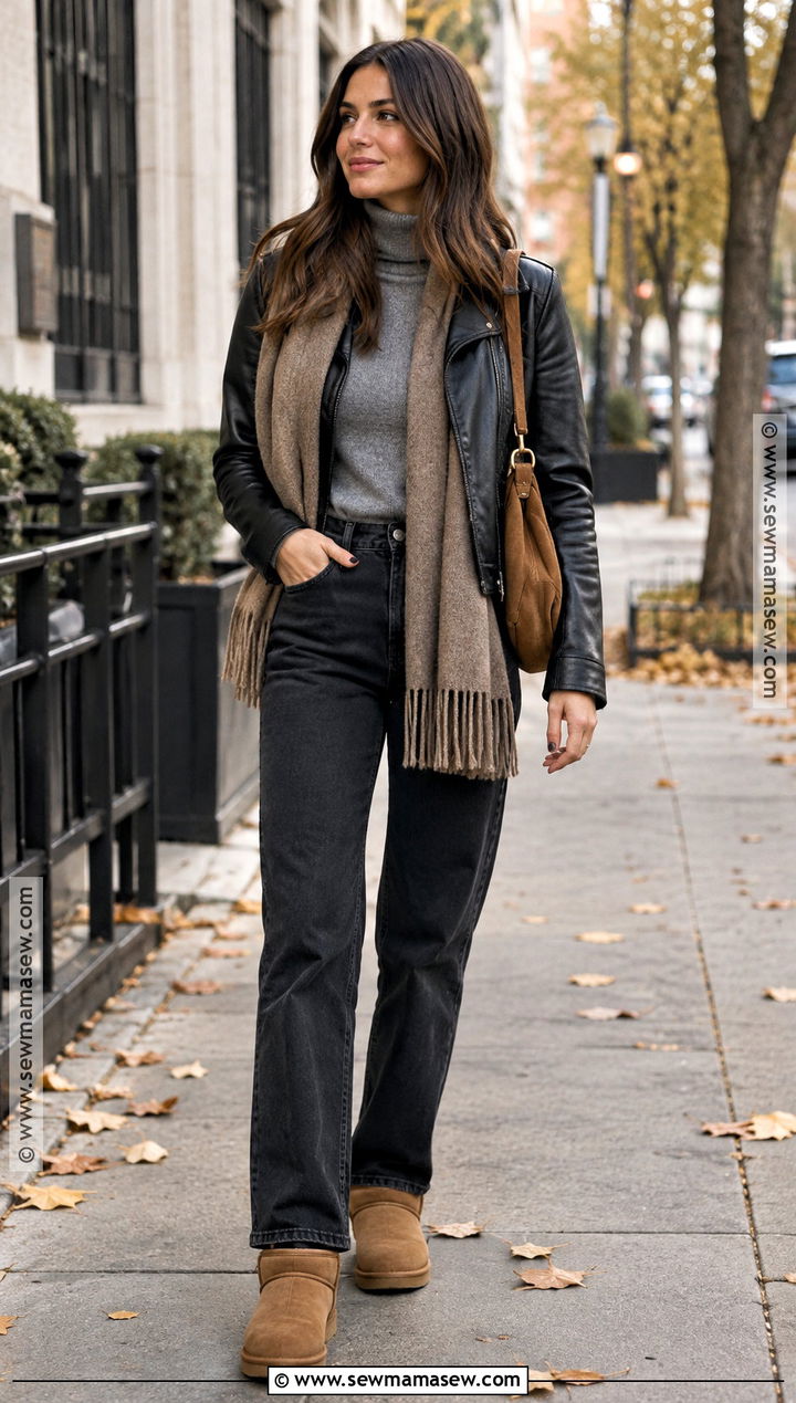 UGG Boots With Leather Jacket And Black Jeans - 15 ugg boots outfit fall