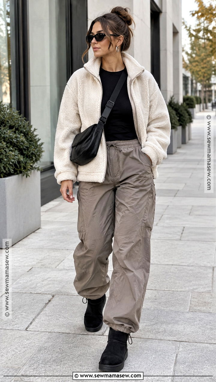 UGG Boots With Parachute Pants And Fleece Jacket - 20 ugg autumn outfit ideas