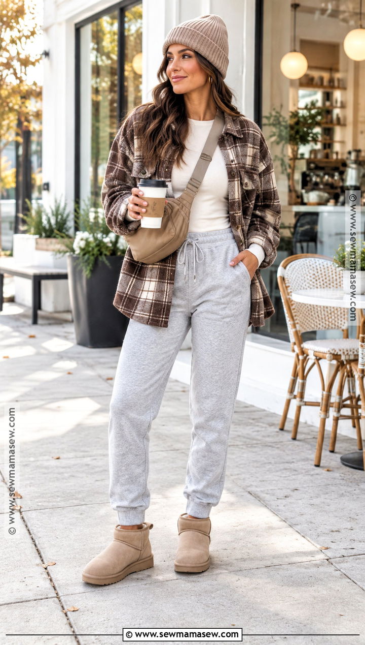 UGG Boots With Shacket and Joggers - 15 fall ugh outfits