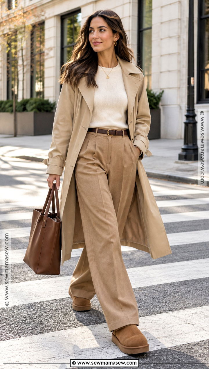 UGG Boots With Trench Coat and Trousers - 15 fall ugh outfits