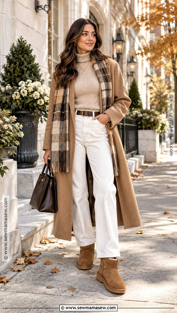UGG Boots With White Jeans And Camel Coat - 20 ugg autumn outfit ideas