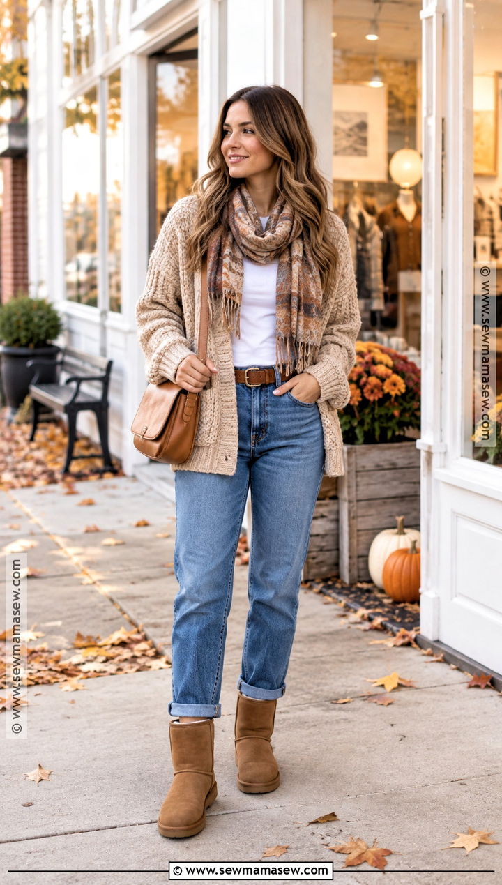 UGG Classic Short Boots With Straight Jeans And Cardigan - 20 ugg autumn outfit ideas