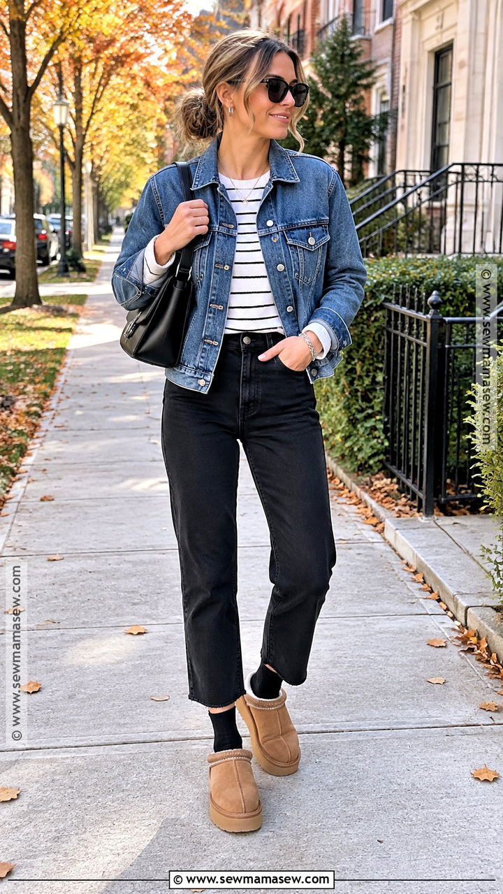 UGG Clogs With A Denim Jacket And Black Jeans - 20 ugg clogs outfit fall ideas
