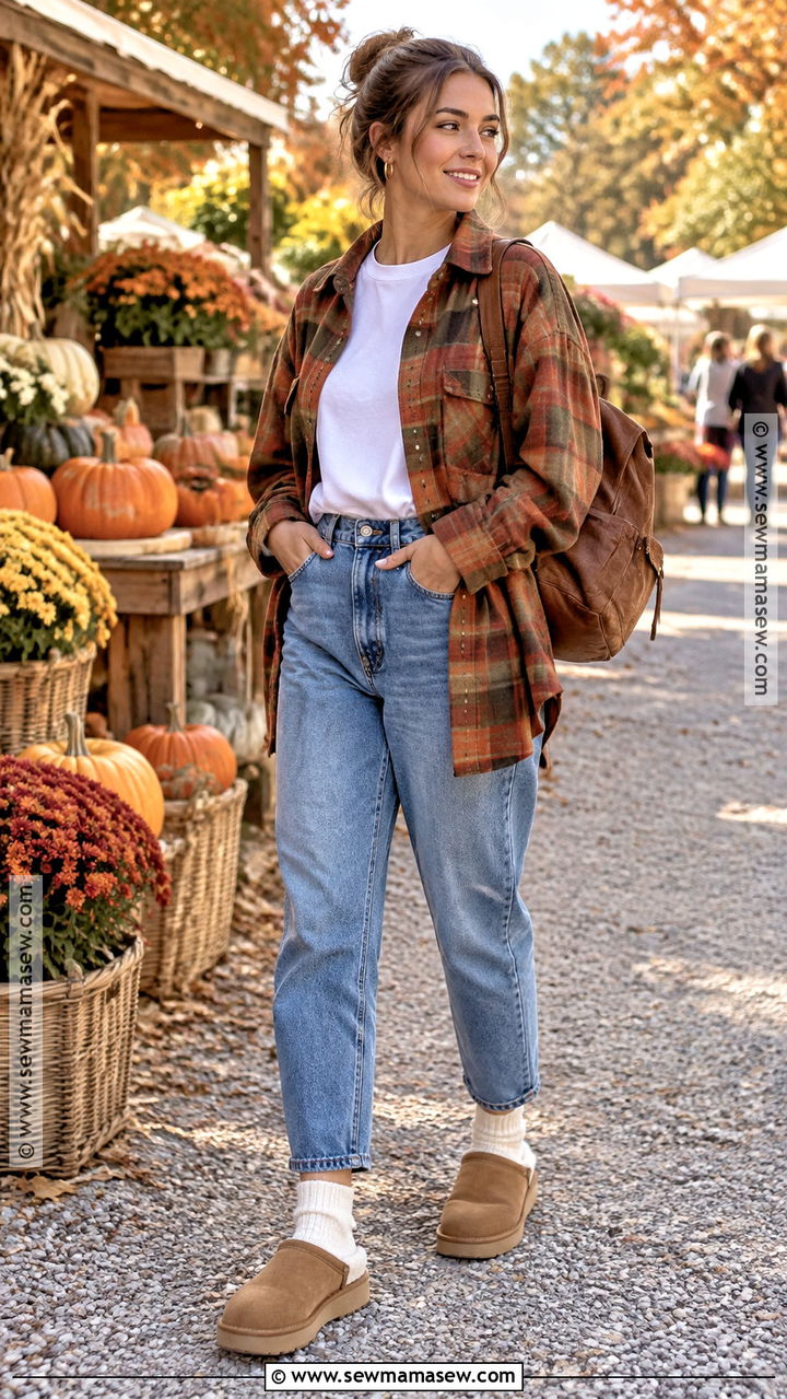 UGG Clogs With A Plaid Shirt And Mom Jeans - 20 ugg clogs outfit fall ideas