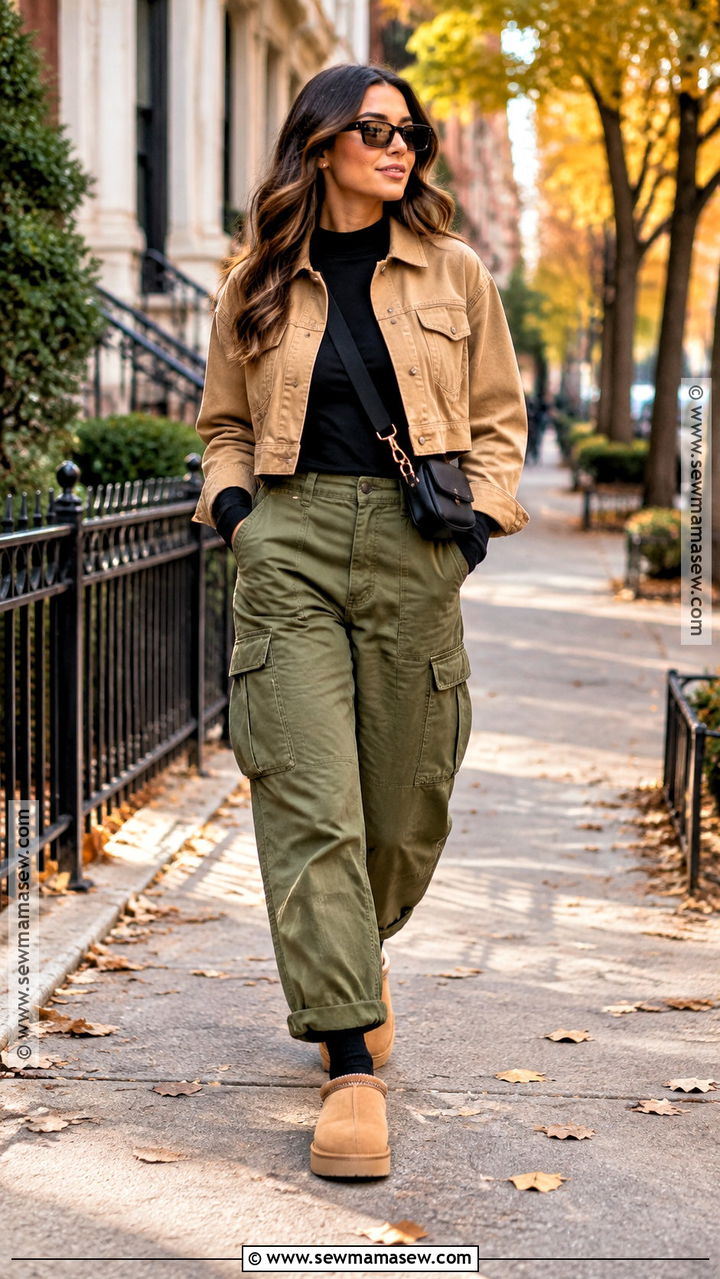 UGG Clogs With Cargo Pants And A Cropped Jacket - 20 ugg clogs outfit fall ideas