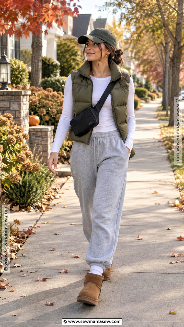 UGG Mini Boots With Gray Sweatpants And Puffer Vest - 20 fall ugg outfits