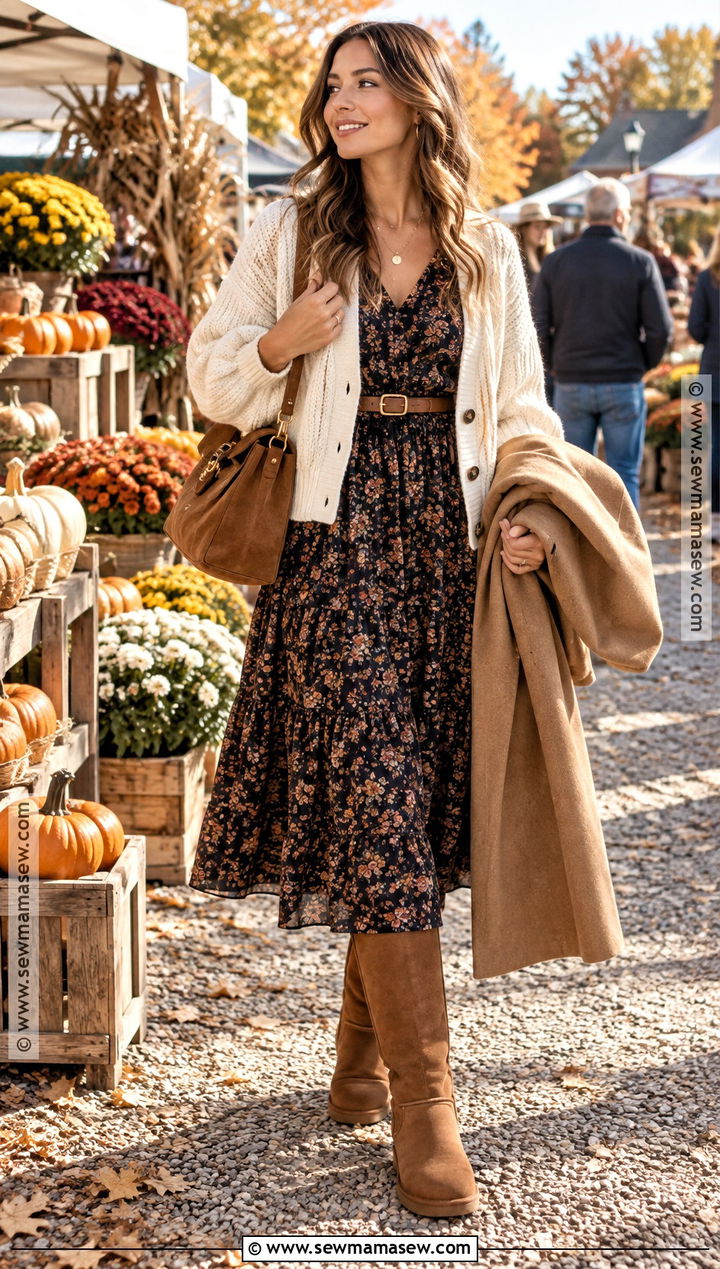 UGG Tall Boots With a Floral Midi Dress - 20 autumn outfits uggs