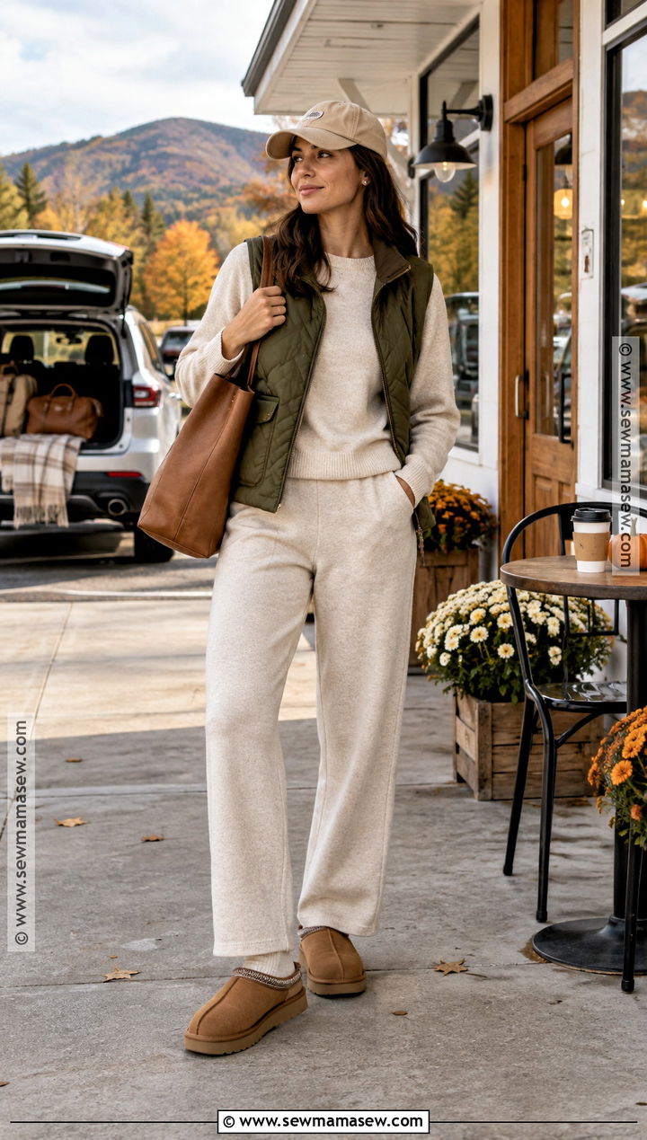 UGG Tasman Slippers With Lounge Set And Quilted Vest - 20 ugg autumn outfit ideas