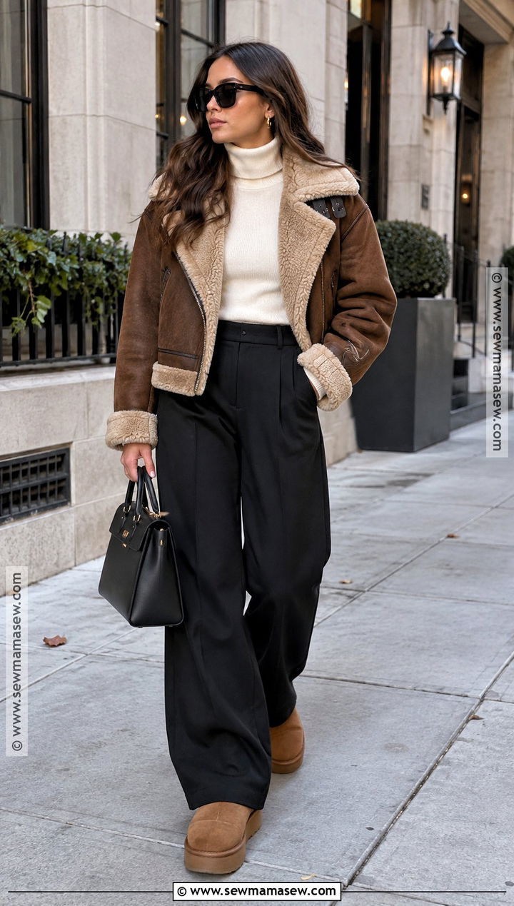 UGGs With A Shearling Jacket And Wide Leg Pants - 25 fall outfits uggs
