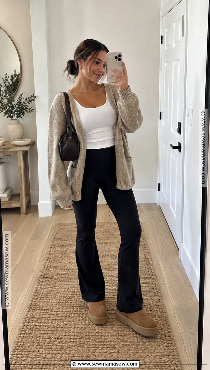 UGGs With Flared Leggings And A Cardigan - 25 fall outfits uggs