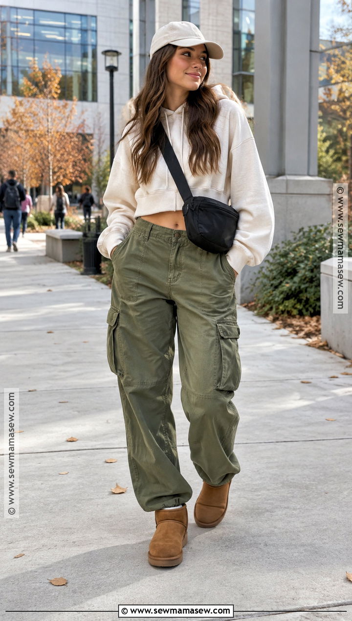 Ultra Mini UGGs With Cargo Pants and a Cropped Hoodie - 15 ultra mini uggs outfit fall ideas