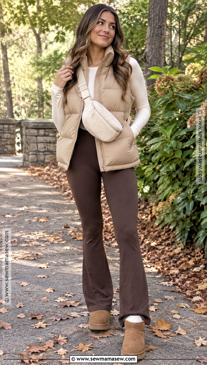 Ultra Mini UGGs With Flare Leggings and a Puffer Vest - 15 ultra mini uggs outfit fall ideas
