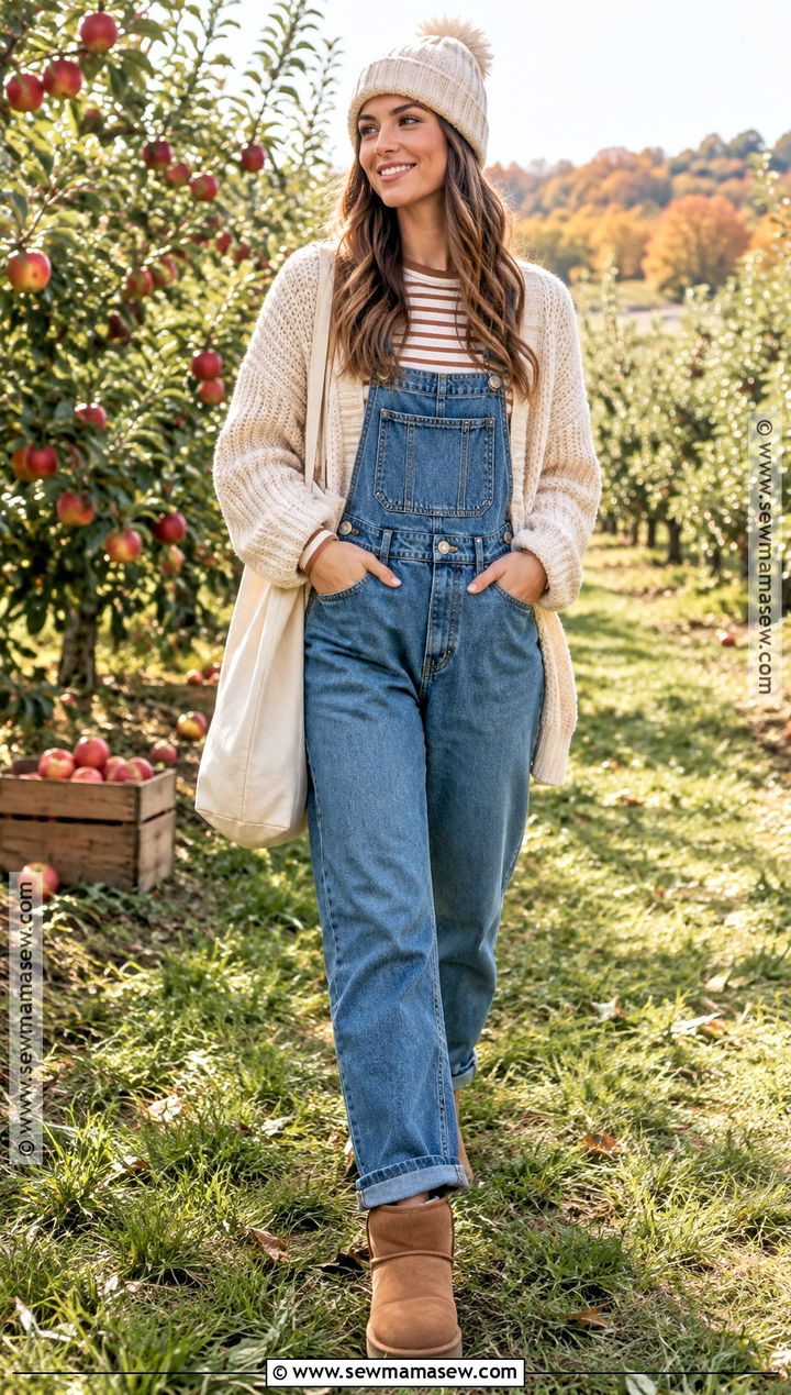 Ultra Mini UGGs With Overalls and a Striped Long Sleeve Top - 15 ultra mini uggs outfit fall ideas