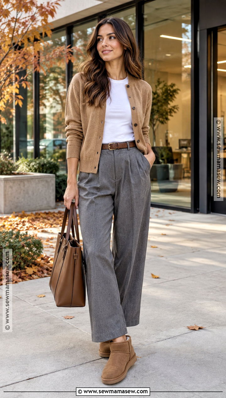 Ultra Mini UGGs With Tailored Trousers and a Cardigan - 15 ultra mini uggs outfit fall ideas