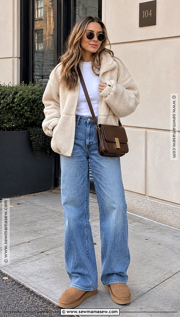 Ultra Mini UGGs With Wide Leg Jeans and a Sherpa Jacket - 15 ultra mini uggs outfit fall ideas