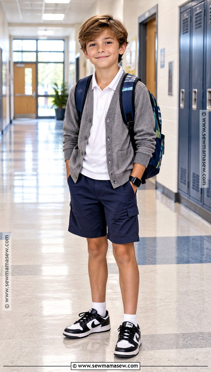 Uniform Polo Walking Shorts Cardigan And Sneakers Outfit - 20 back to school outfits for kids