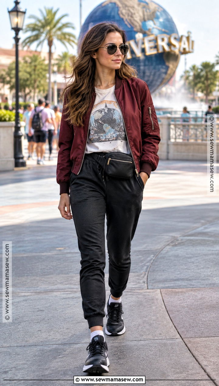 Universal Studios Bomber Jacket and Joggers Outfit - 20 Universal Studios Outfit Fall Ideas