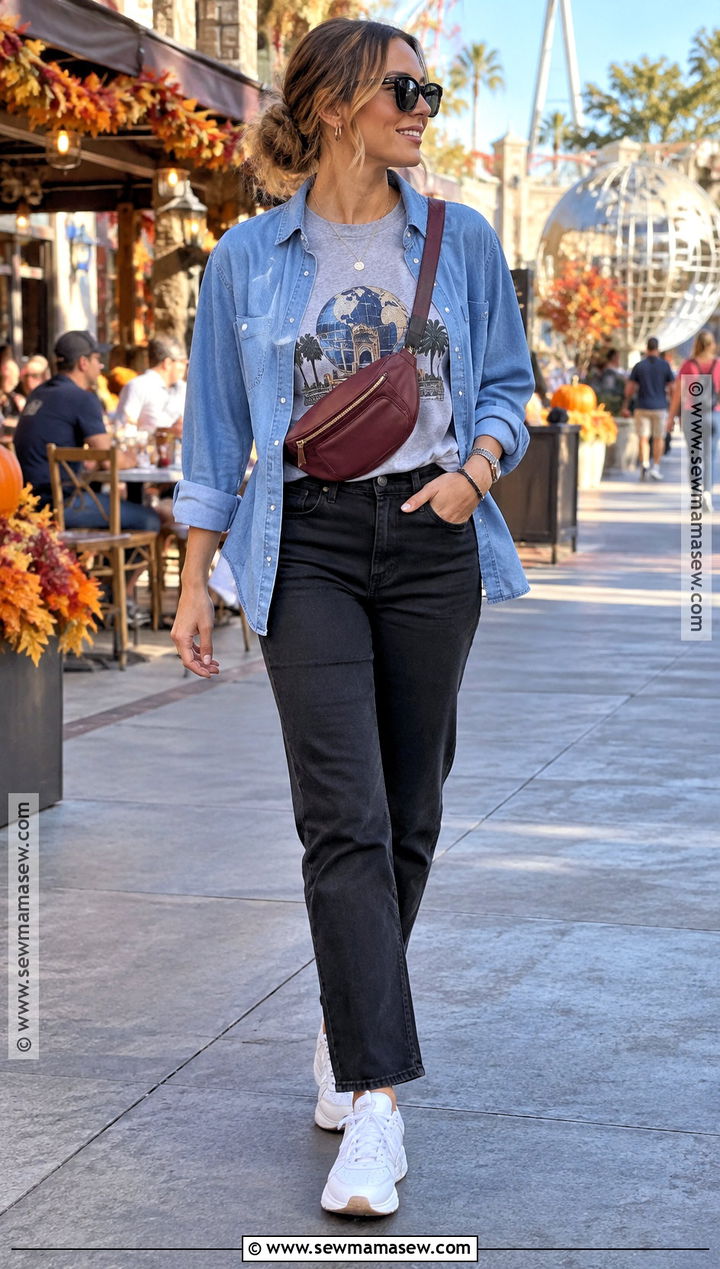 Universal Studios Denim Shirt and Black Jeans Outfit - 20 Universal Studios Outfit Fall Ideas