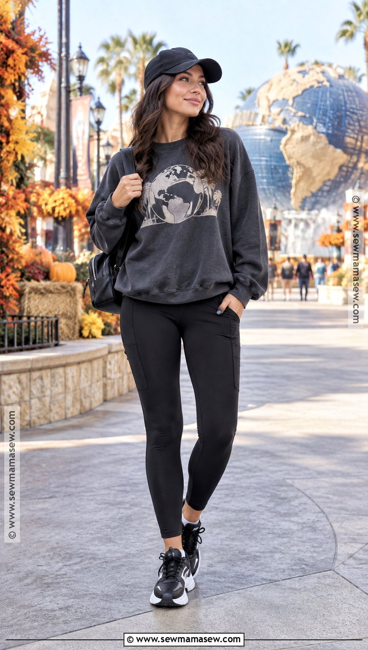 Universal Studios Leggings and Oversized Sweatshirt Outfit - 20 Universal Studios Outfit Fall Ideas