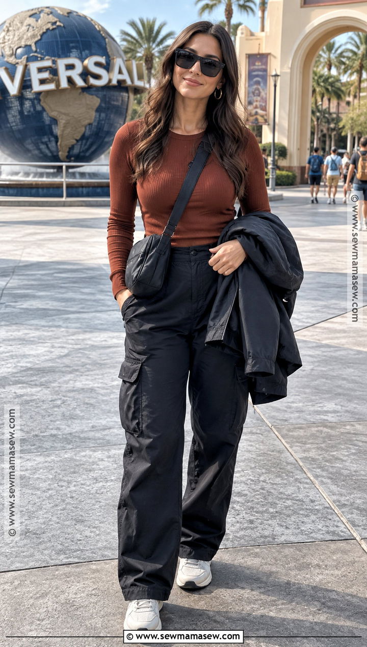 Universal Studios Long Sleeve Top and Cargo Pants Outfit - 20 Universal Studios Outfit Fall Ideas