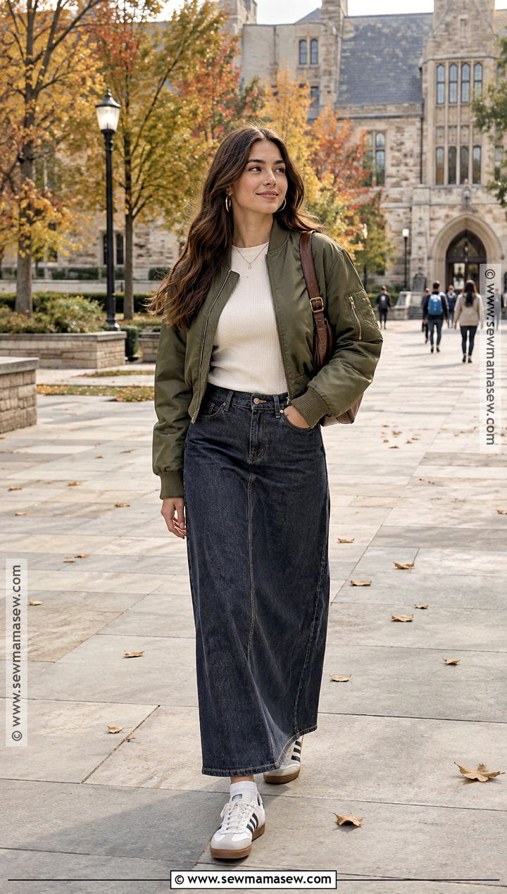 University Outfit With Bomber Jacket And Maxi Skirt - 15 university outfits fall