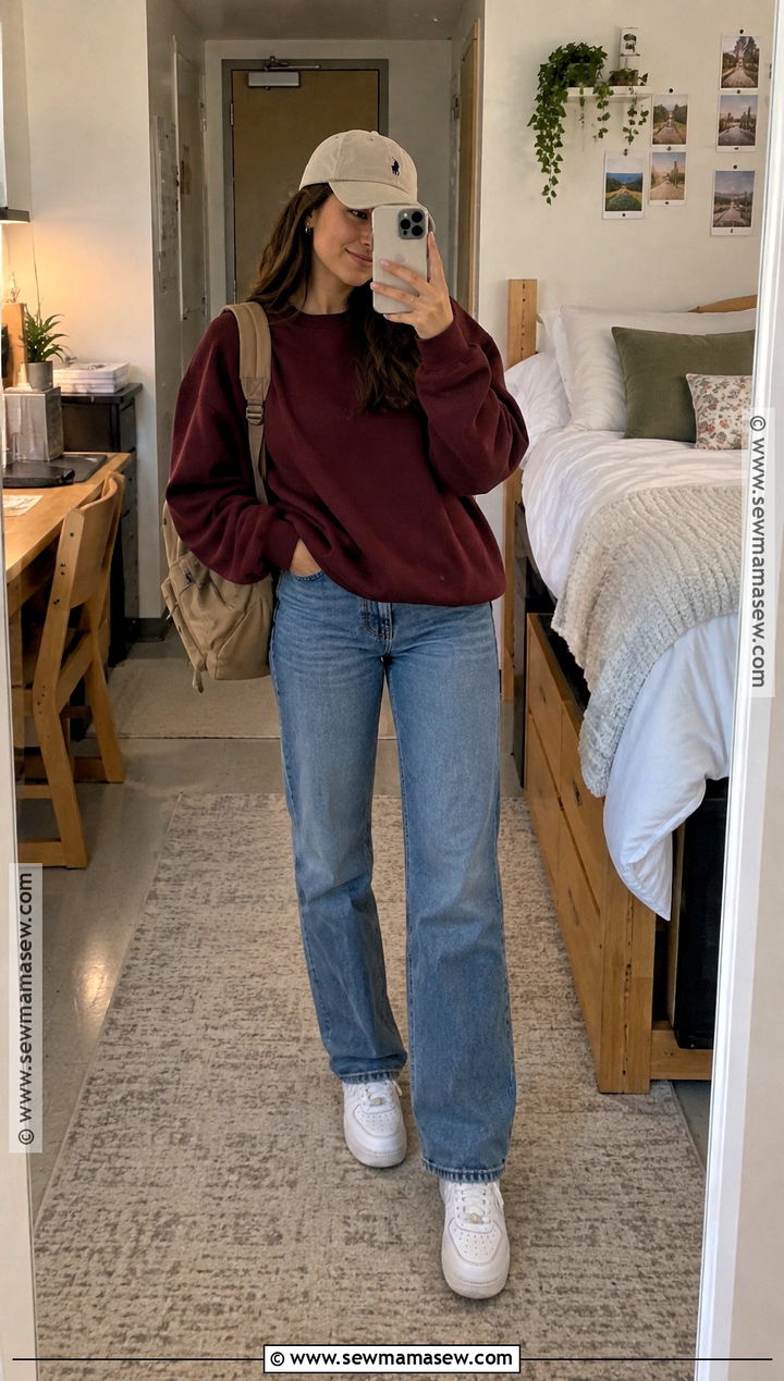 University Outfit With Crewneck Sweatshirt And Straight Jeans - 15 university outfits fall