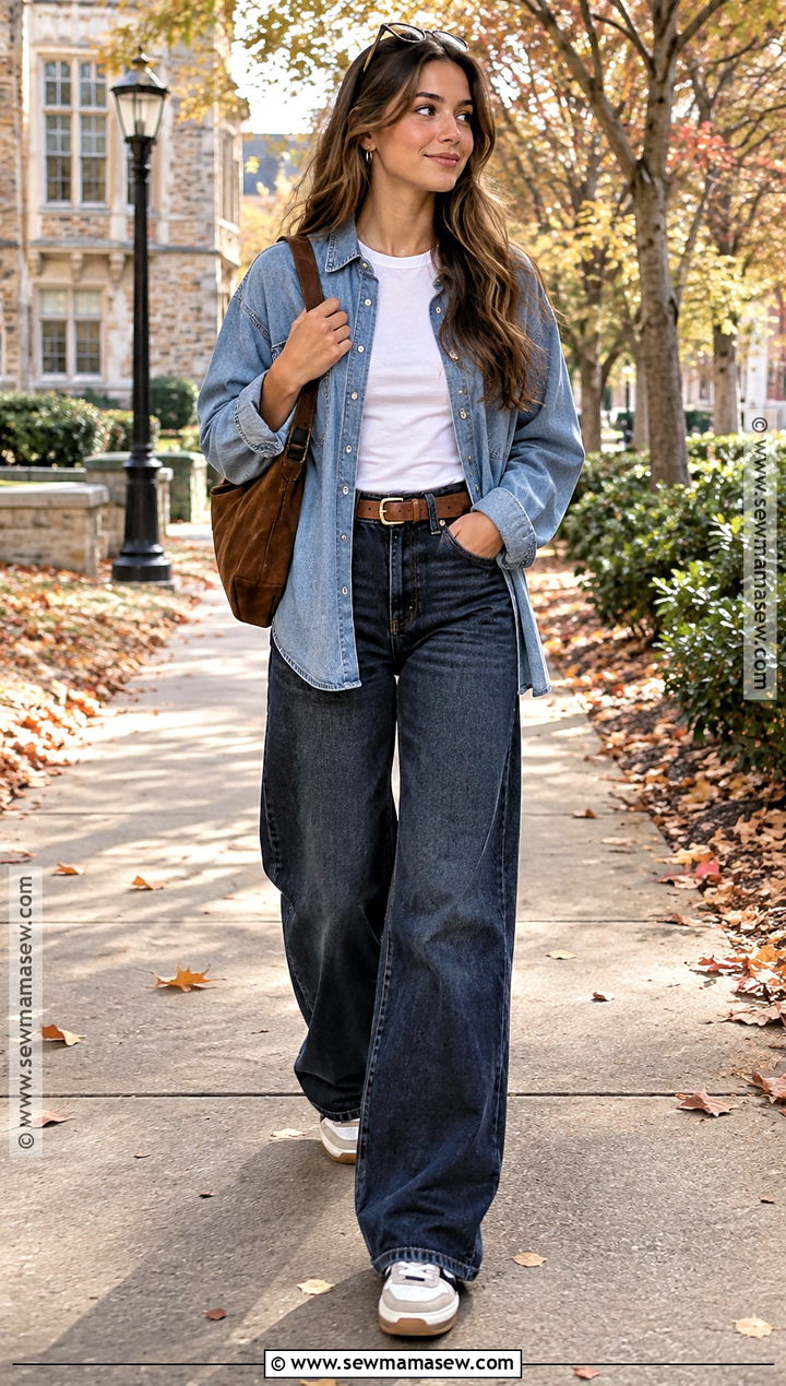 University Outfit With Denim Overshirt And Wide Leg Jeans - 15 university outfits fall