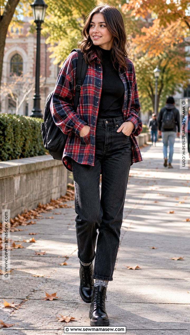 University Outfit With Flannel Shirt And Black Jeans - 15 university outfits fall