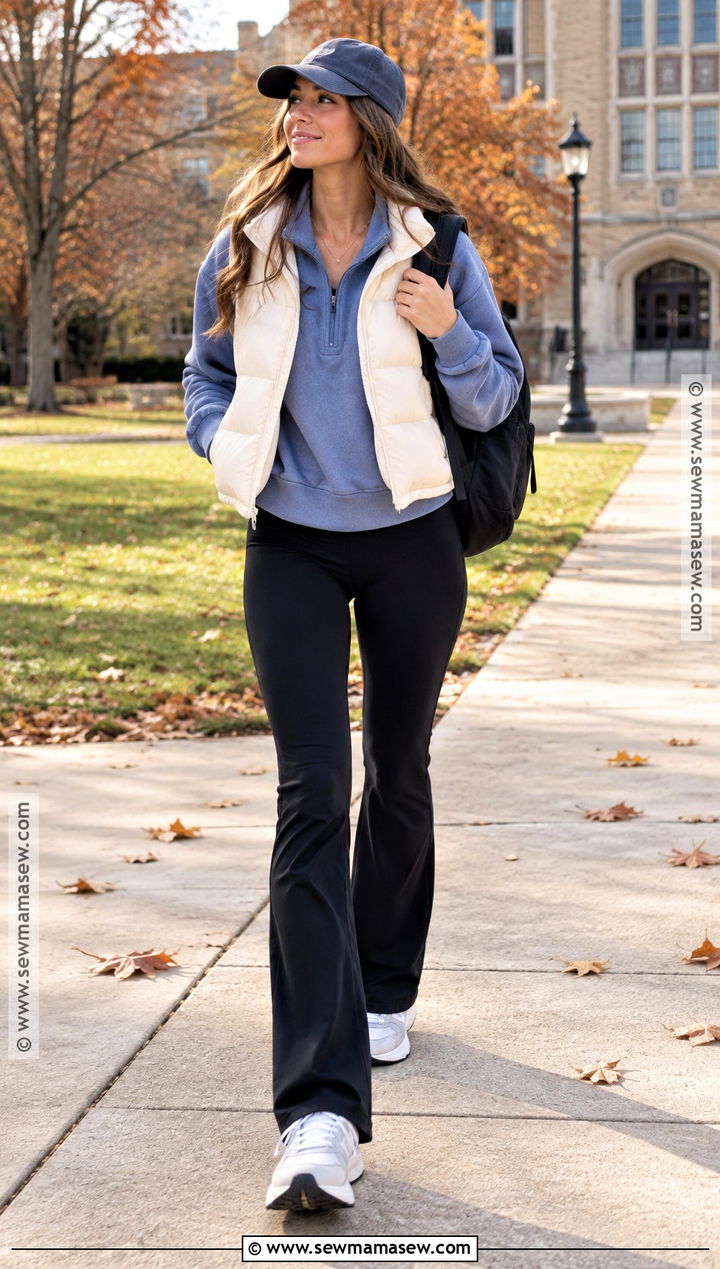 University Outfit With Puffer Vest And Flared Leggings - 15 university outfits fall