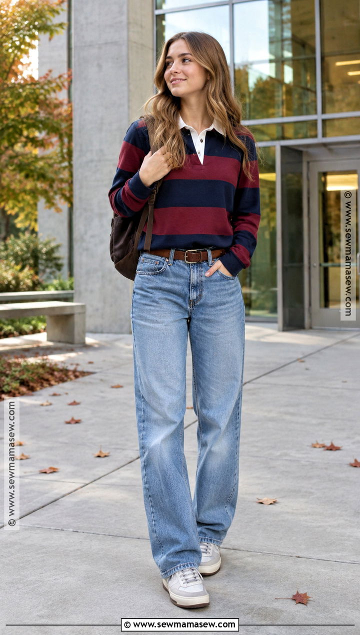 University Outfit With Rugby Shirt And Loose Jeans - 15 university outfits fall