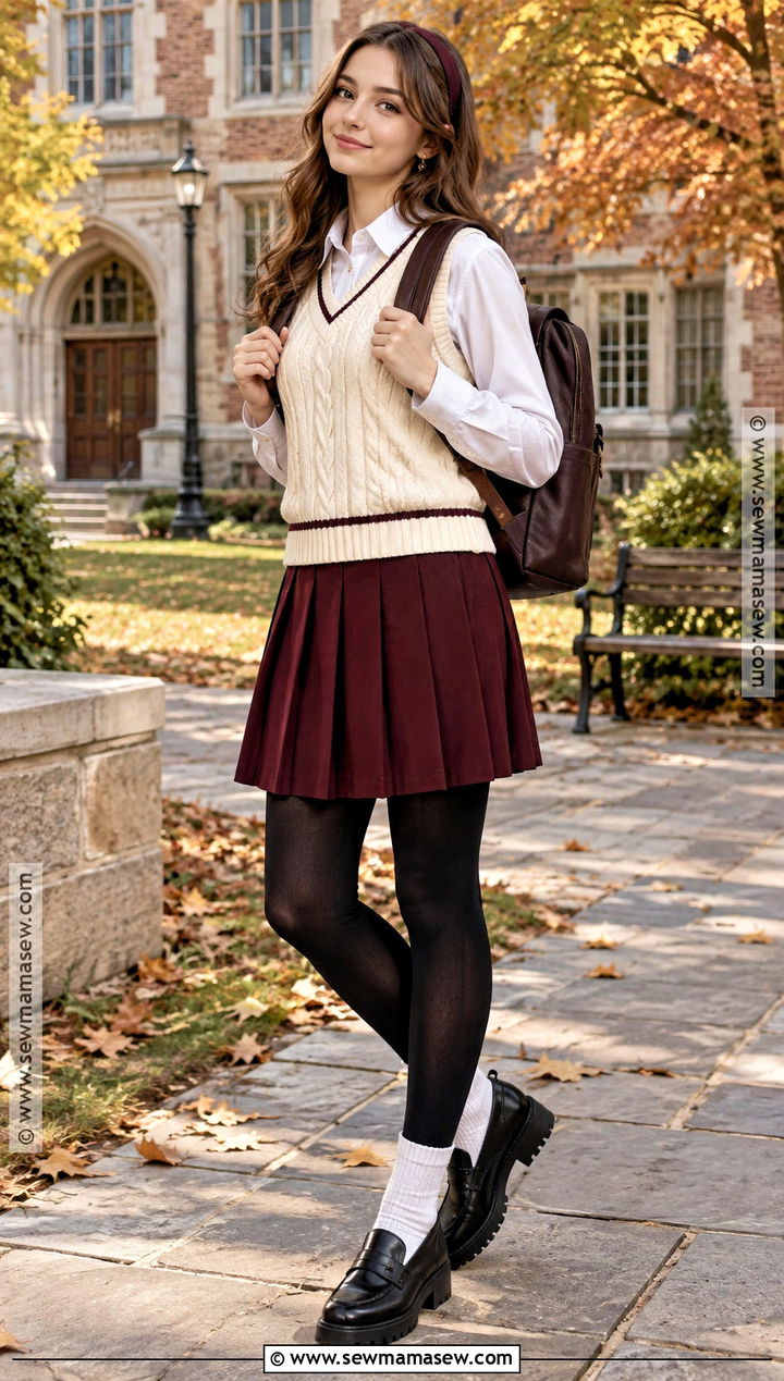 University Outfit With Sweater Vest And Pleated Skirt - 15 university outfits fall
