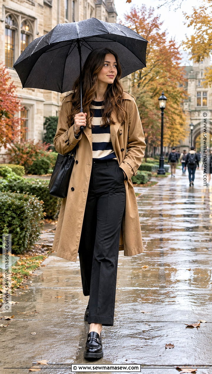 University Outfit With Trench Coat And Striped Sweater - 15 university outfits fall