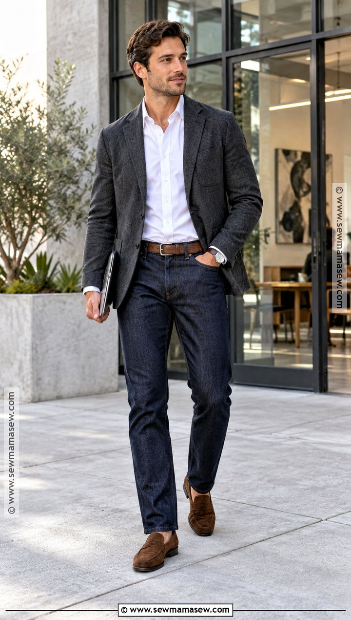 Unstructured Blazer and Dark Jeans Business Casual Outfit - 20 fall business casual outfits for men