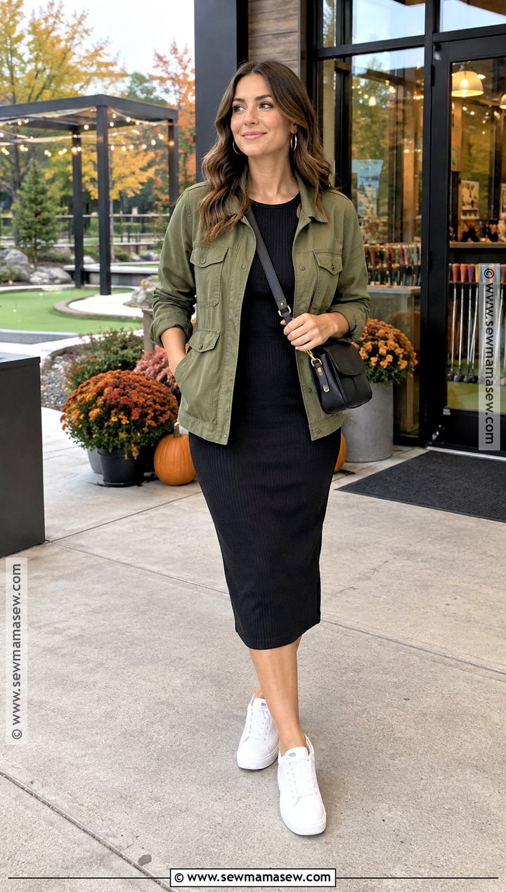 Utility Jacket And Black Dress Fall Date Night Outfit - 25 fall date night outfit casual ideas